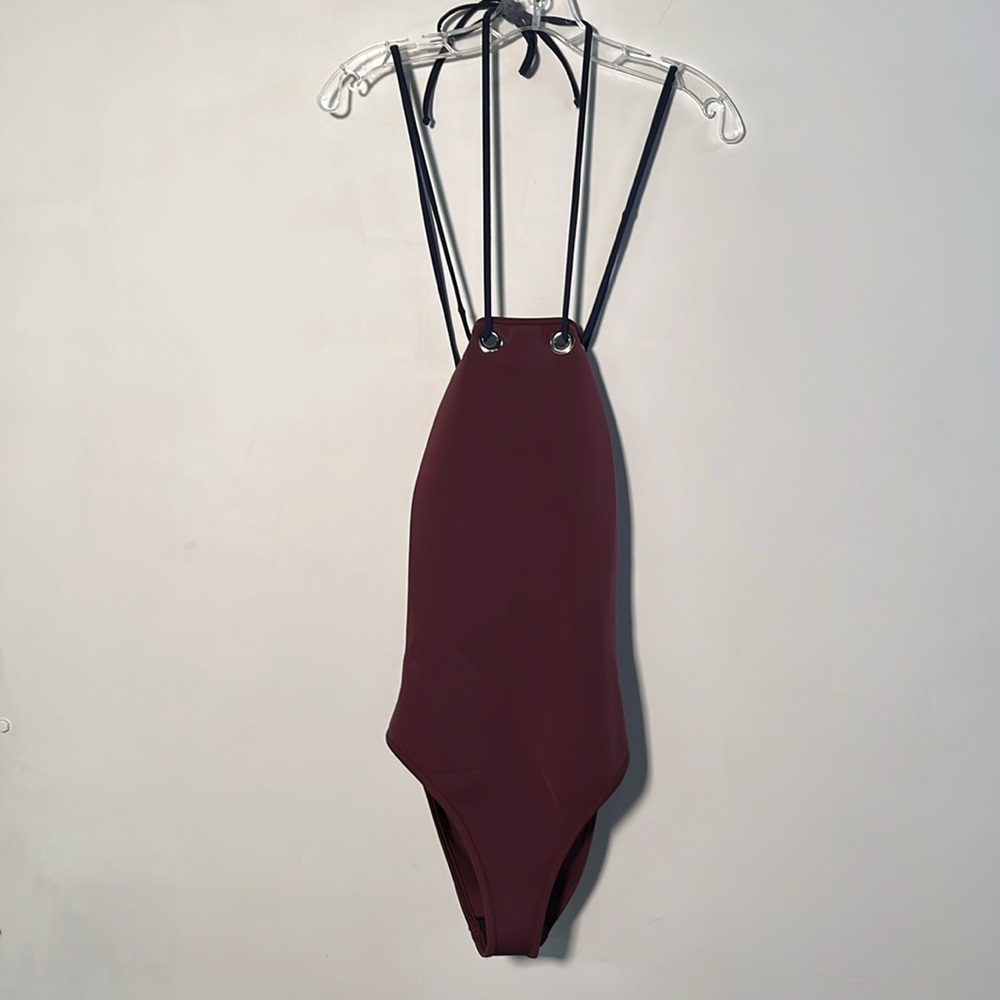 BONDI BORN NWT Australia Neoprene Wine/Navy Hi Neck Intricate Lace Up Swimsuit 6